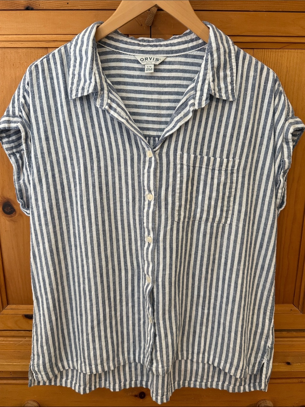 Orvis Linen Blend Cap Sleeve Collared Button Down Shirt, Blue/White Stripe,Large